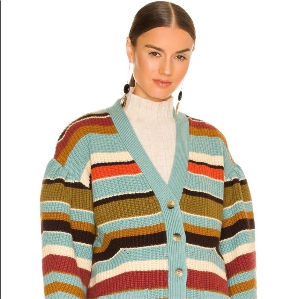 Ulla Johnson Teal Striped Tillie Ballon Sleeve Cardigan Sweater Size Small - Picture 10 of 10